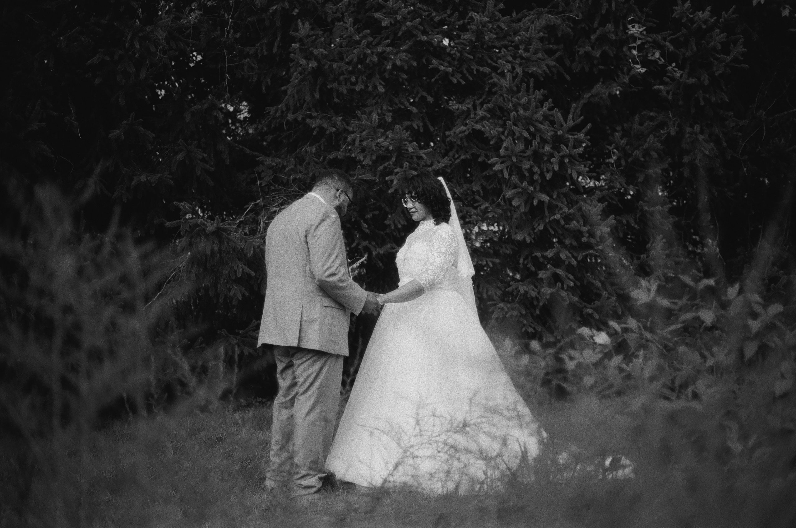 35mm black and white film photograph of a bride and groom holding hands beneath evergreens on their wedding day, shot on CineStill BwXX in Richboro, Pennsylvania, by film wedding photographer Drew Ferguson.